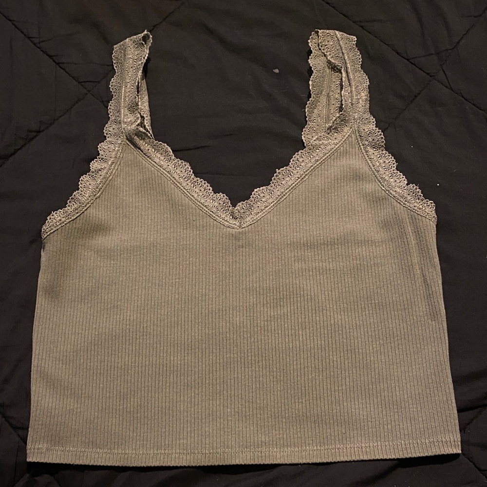 American Eagle Olive Ribbed Lace-Trim Tank